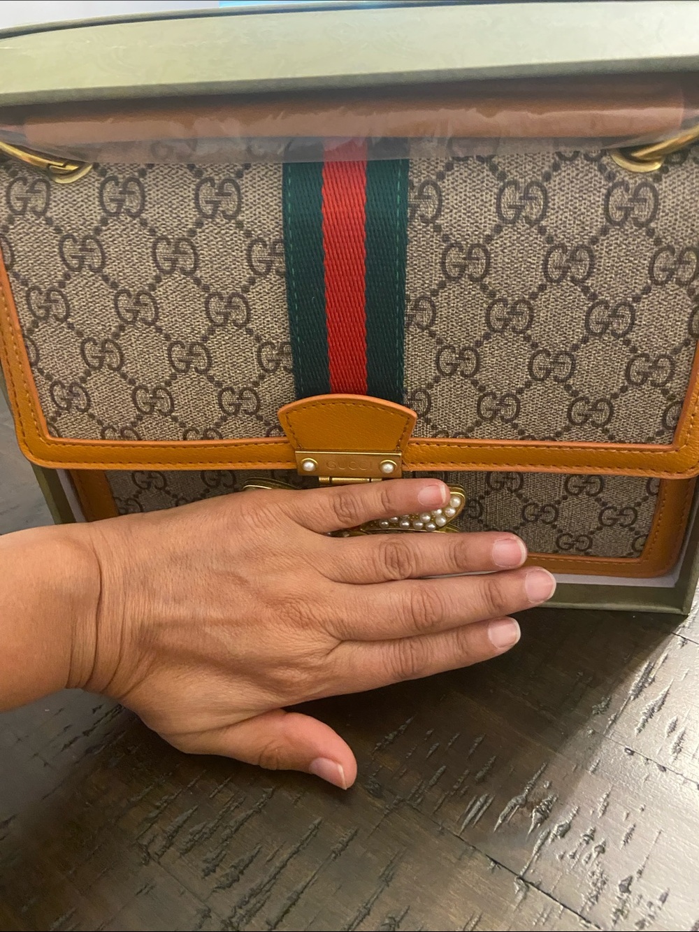 Designer-Inspired Brown Canvas Crossbody Bag with Green-Red Stripe